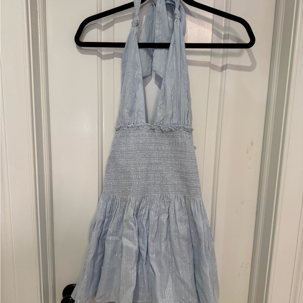 LoveShackFancy Light Blue Halter Mini Dress
